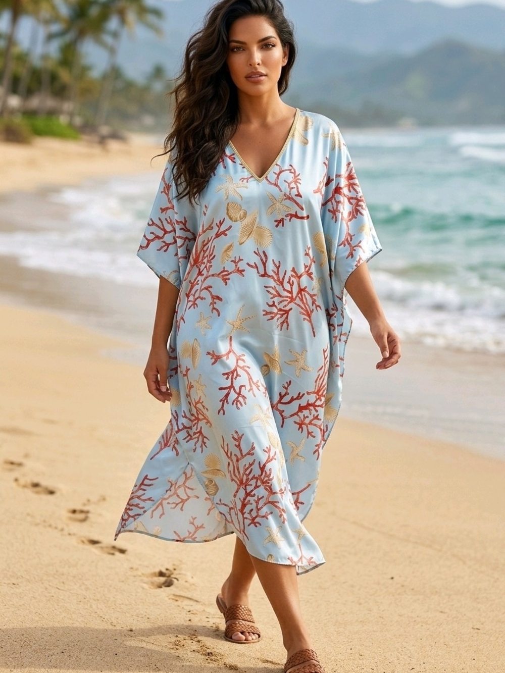 Light Blue Coral-Print Women's Beach Caftan